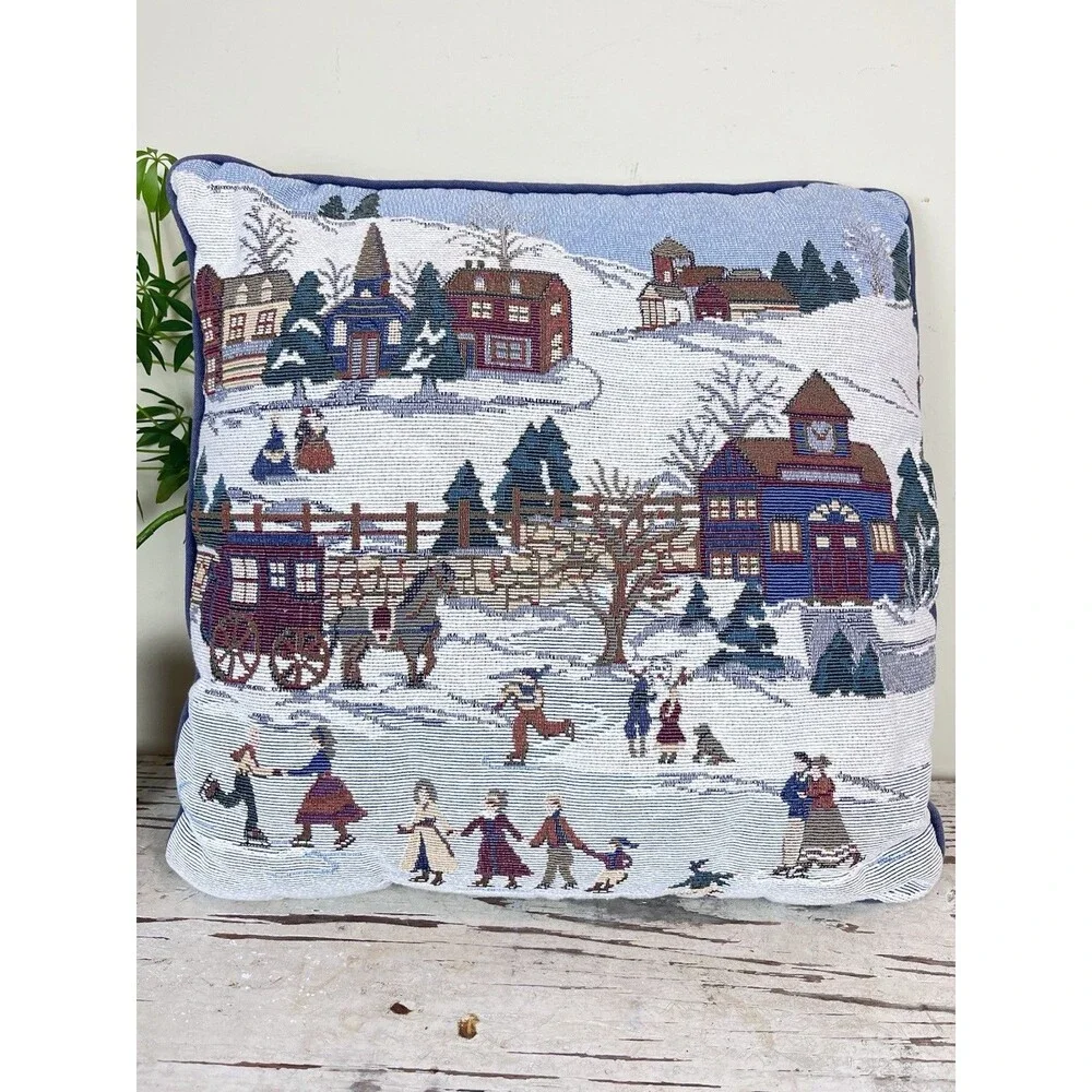 Vintage Hand Sewn Decorative Throw Pillow Winter Skating Scene Holiday Decor 15”